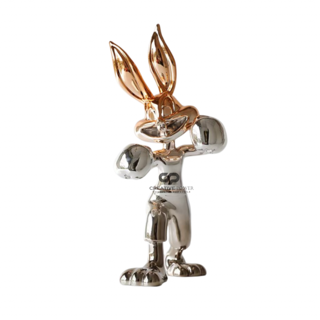 Chrome Boxing Bunny Sculpture – Pop Art Resin Rabbit Home Decor Figurine