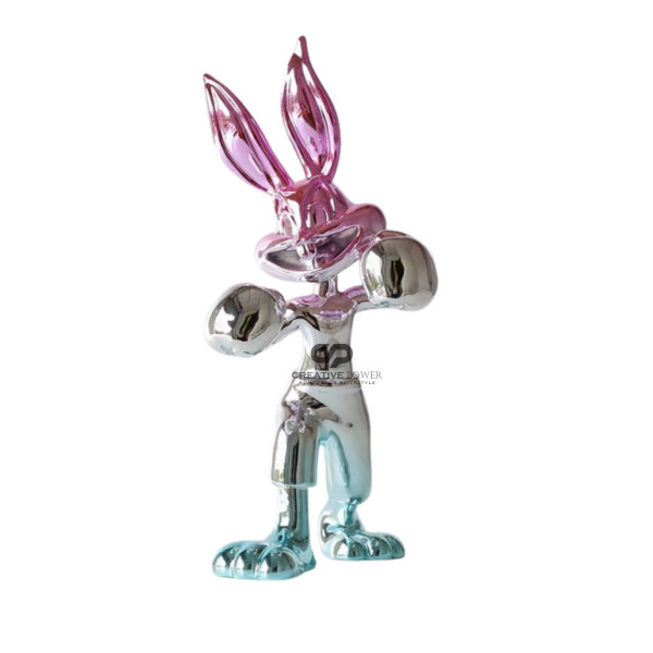 Metallic rabbit statue pink cyan boxing toy white background