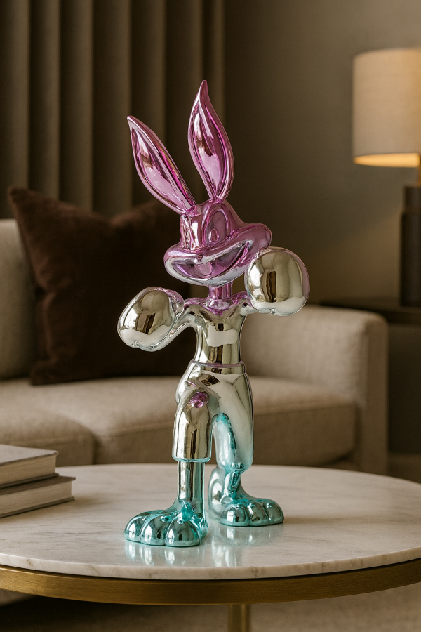Chrome boxing bunny sculpture pink and cyan in modern living room