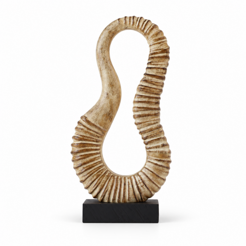 Beige abstract ribbed loop resin sculpture on a black rectangular base, front view