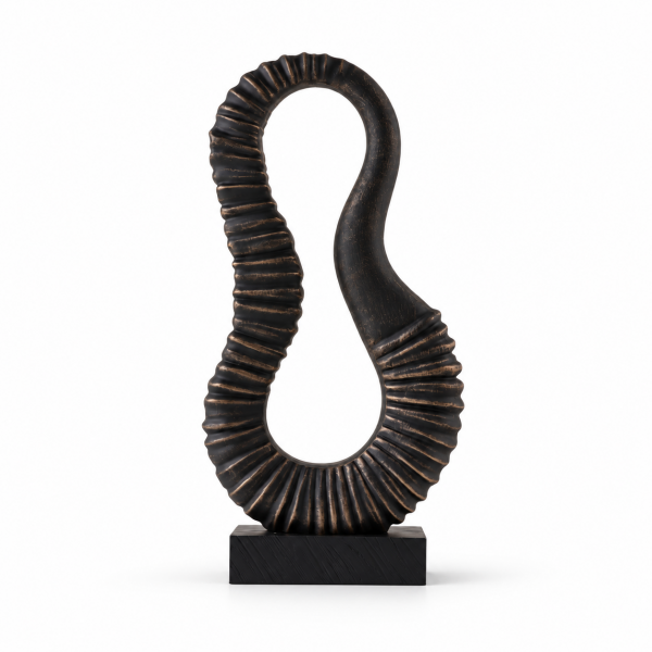 Abstract Ribbed Loop Resin Sculpture – Dark Finish Dark painted resin loop sculpture with warm-toned highlights and a black rectangular base